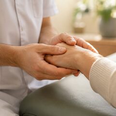 Mains d'un ostéopathe accompagnant un patient avec écoute